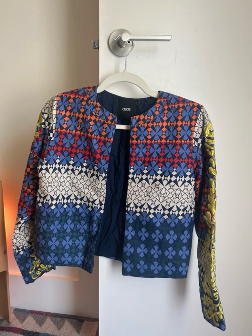 ASOS Multicolor Geometric Cropped Bomber Jacket - Blue/Red/White/Yellow